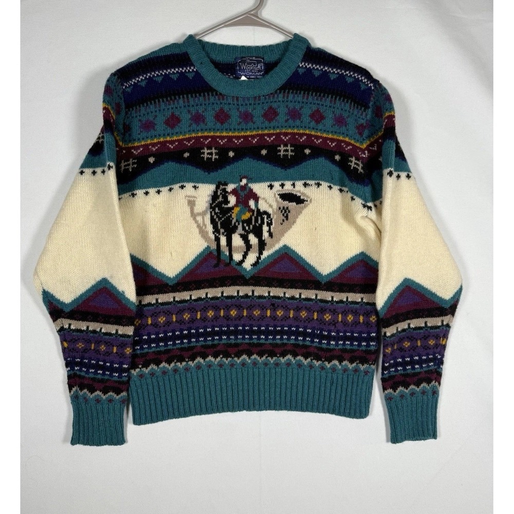 VTG Woolrich Wool Sweater Women's Medium Equestrian Indian Southwest *HOLES